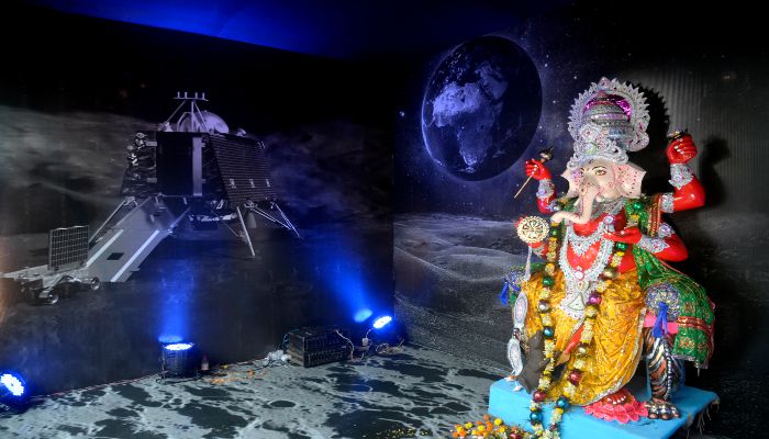 Lord-Ganesha-is-placed-on-a-pandal-designed-on-the-theme-of-Chandrayaan-3-ahead-of-the-Ganeshotsav